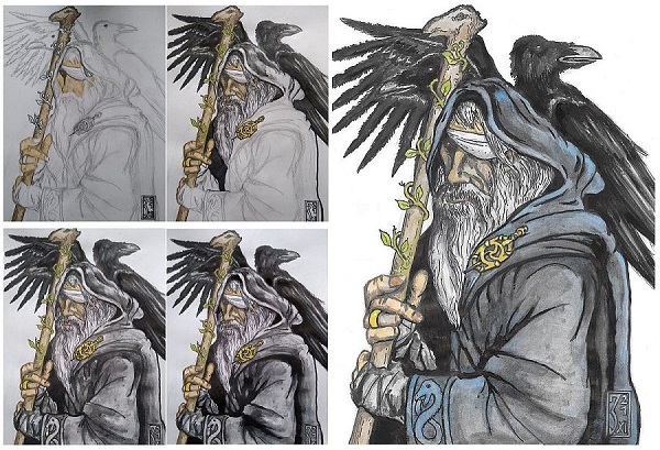 Odin der Göttervater mit seinen beiden Raben Hugin und Munin
