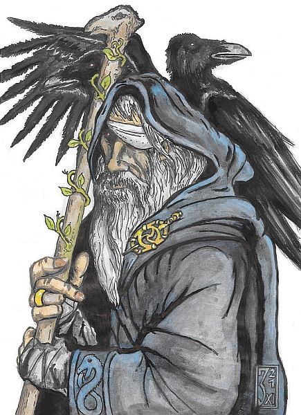Odin der Göttervater mit seinen beiden Raben Hugin und Munin
